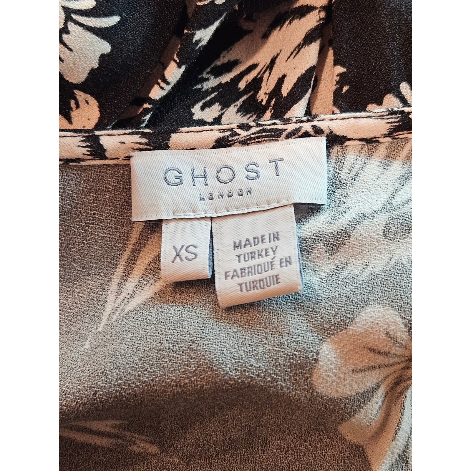 Ghost London Black Cream Floral V-Neck Button Front Viscose Midi Dress Xs — image 5 of 6